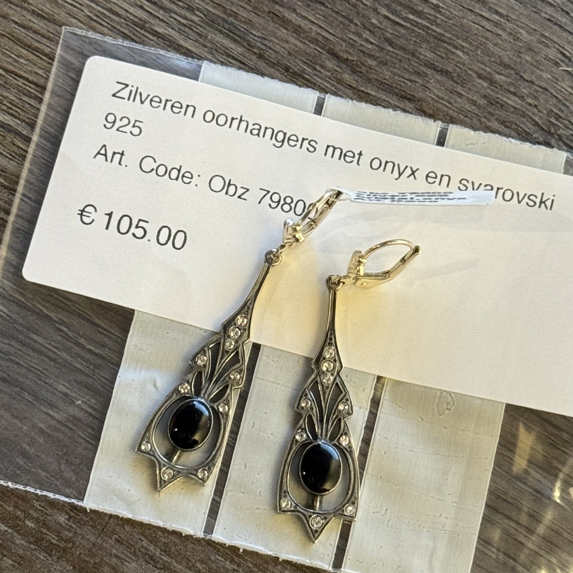 Vintage Sterling Silver Drop Earrings with Onyx and Svarovski